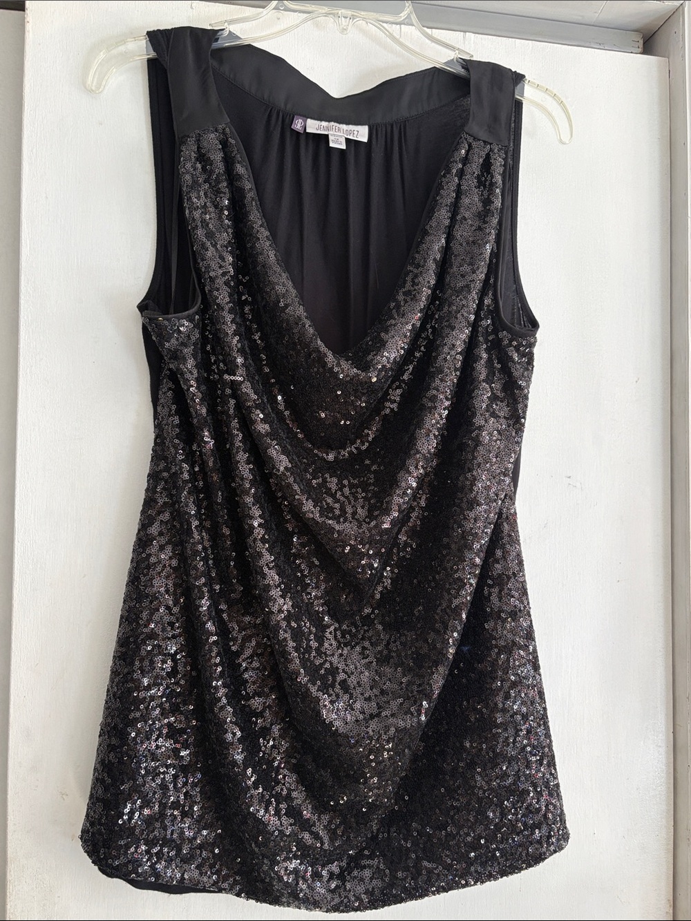 Jennifer Lopez Black Sequin Cowl Neck Sleeveless Tank formal wear